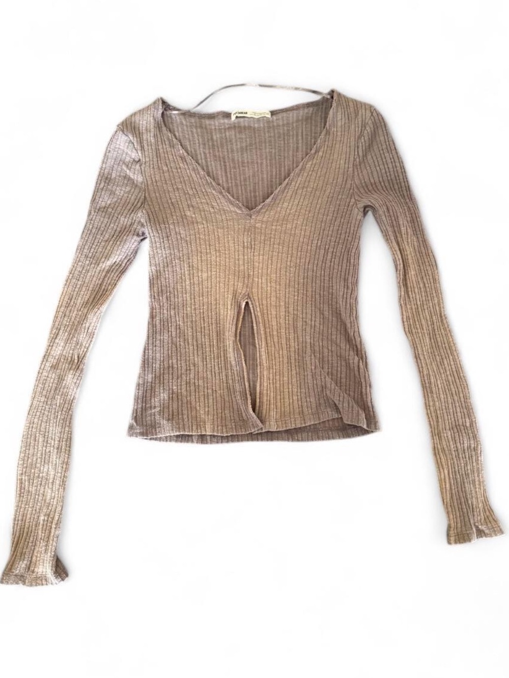 Ribbed V-Neck Long Sleeve Top in Taupe